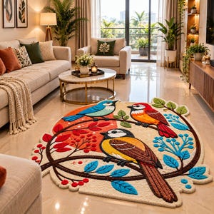 May include: A round area rug featuring a colorful design of three birds perched on branches with red berries and blue leaves. The rug has a cream-colored background with a large orange circular accent behind the birds, rendered in a textured style.
