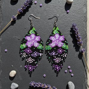 Dangle earrings with fringe and floral pattern, handwoven from Miyuki beads