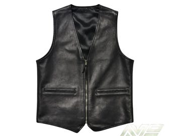 Handgemaakt zwart leren bikervest voor heren – gepersonaliseerd cadeau voor hem