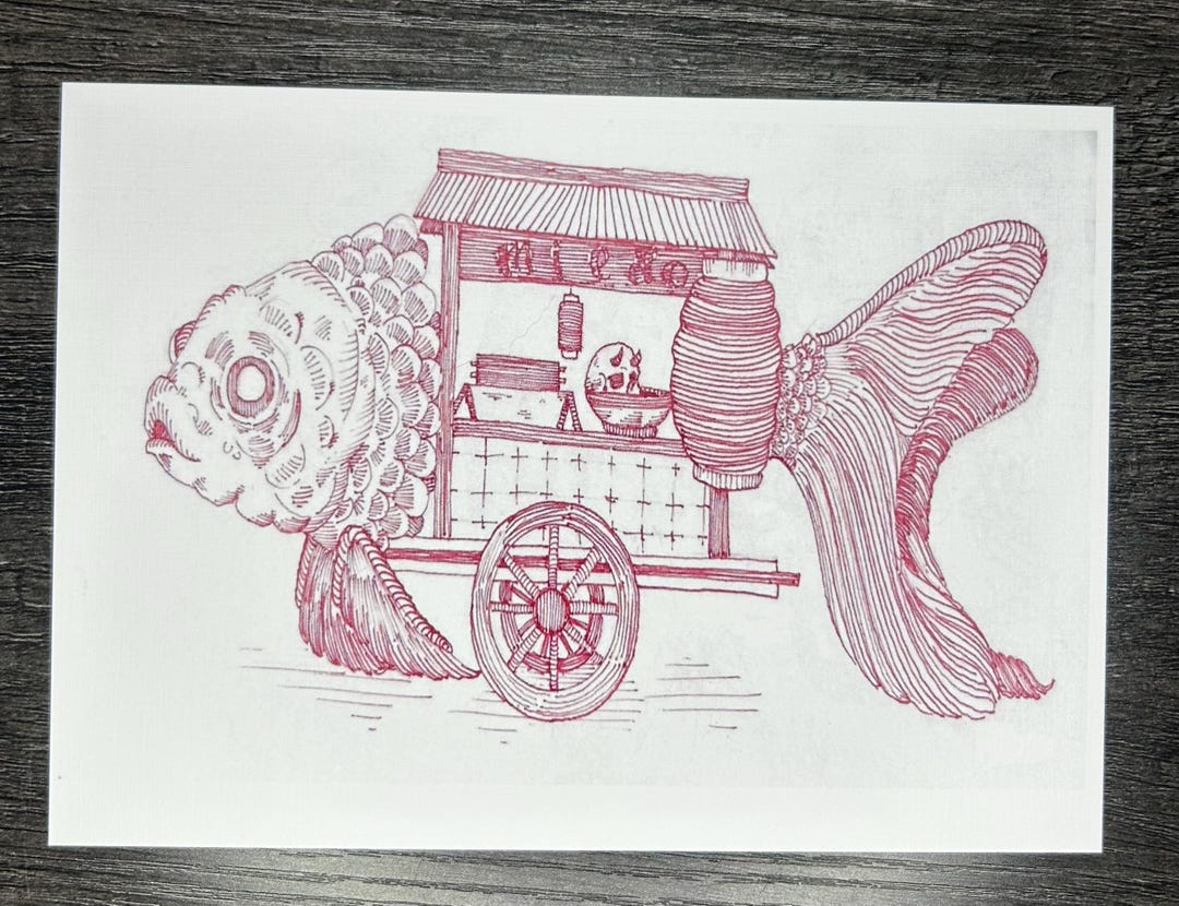 Fish Cart Pen and Red Ink Illustration - Etsy