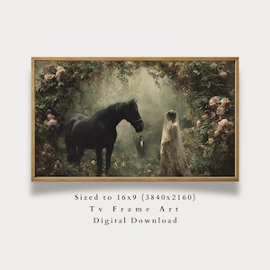 May include: A framed digital artwork featuring a black horse and a figure in a white veil standing within a rose-covered archway. Text below reads: Sized to 16x9 (3840x2160) Tv Frame Art Digital Download.
