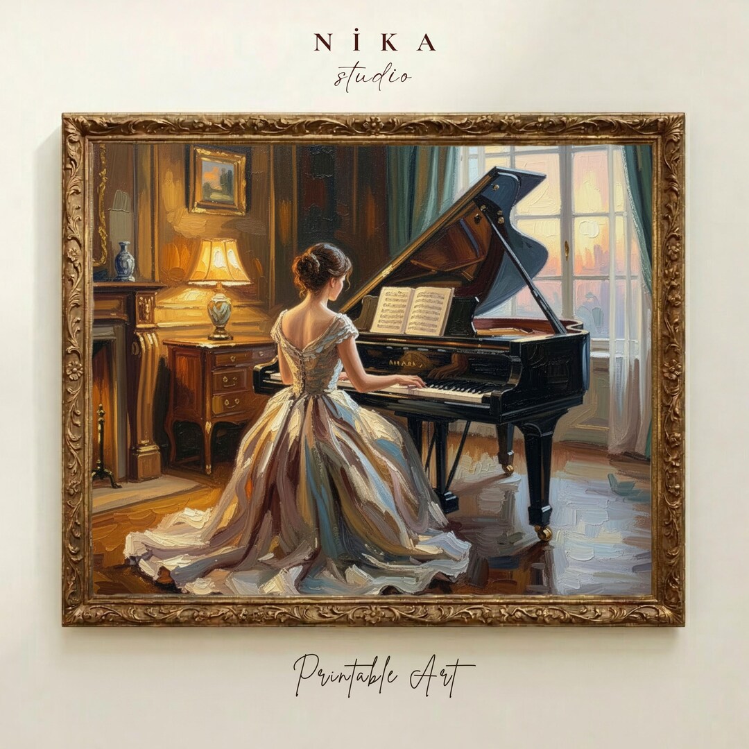 Vintage Oil Painting Woman Playing Piano, Romantic Victorian Interior ...