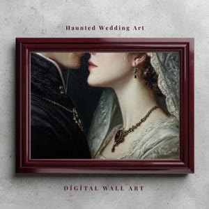 May include: A framed digital wall art print featuring a romantic, vintage-style painting. The artwork depicts a close-up of two figures about to kiss, with a focus on the woman's face, adorned with jewelry and a lace veil. The frame is a dark burgundy color.