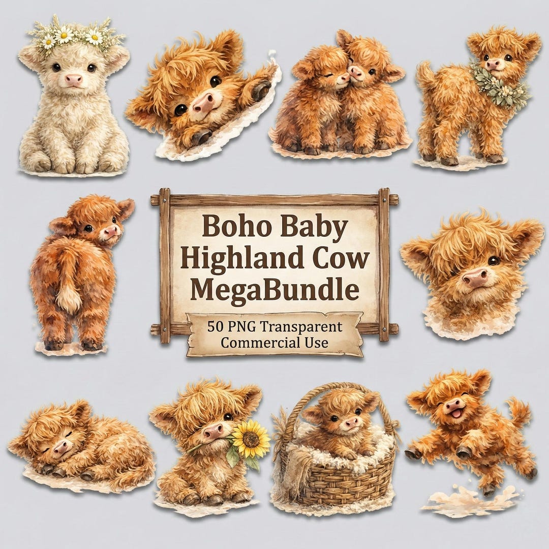 Watercolor Highland Cow Clipart, Boho Nursery PNG Bundle (commercial ...