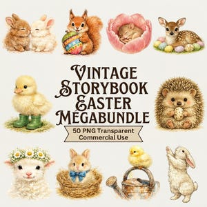 Puede incluir: Colección de ilustraciones en acuarela con temática de Pascua. Incluye conejos, una ardilla con un huevo, un ratón en una flor, un cervatillo, un patito con botas, un erizo, un cordero, un conejo en un nido y un pollito en una regadera. El texto dice "VINTAGE STORYBOOK EASTER MEGABUNDLE".