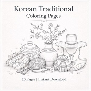 May include: Line drawing of Korean traditional objects, including shoes, vases, a hat, a fan, and a pouch. The image is labeled "Korean Traditional Coloring Pages" and "20 Pages | Instant Download".