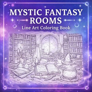 Op de afbeelding: Een zwart-wit kleurboek met lijnenkunst getiteld "Mystic Fantasy Rooms". De afbeelding toont een gedetailleerde illustratie van een mystieke kamer met boekenplanken, kaarsen en een tovenaars hoed. De achtergrond heeft een paars en blauw galaxy ontwerp.