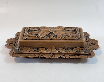 Antique Art Nouveau Floral Wood Like Celluloid Dish Vanity Tray Trinket Box  EUC