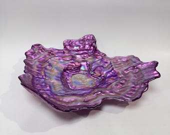 Hand Blown Art Glass Bowl 17"x14" Reverse Painted Purple Iridescent Shine Wave