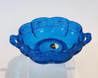 Vintage Jeannette Blue Bowl w Scalloped Edge & Handles Rose Floral Relief