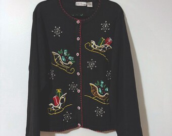 Vintage 90s Christmas Cardigan XL Sequin Embroidered Beaded Sleigh Snowflake