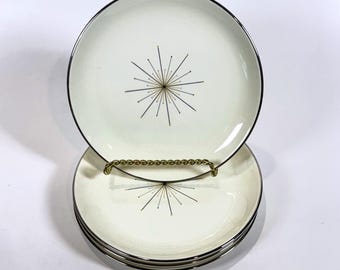 Modern Star Atomic Starburst Bread Plates Set of 4 Mid Century Silver Rim USA