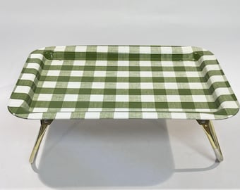 Vintage 60s TV Bed Lap Table Tray Stand Folding Legs Tin Green White Checked