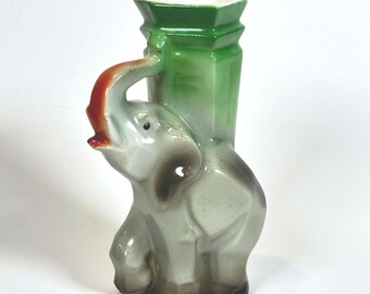 Antique Vintage German Porcelain Elephant Bud Vase Green Pillar Marked Germany 5