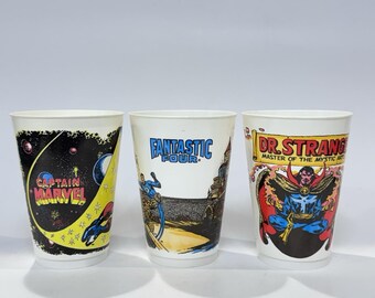 1977 7-Eleven Marvel Promo Slurpee Cups Lot of 3 Dr Strange Fantastic Four