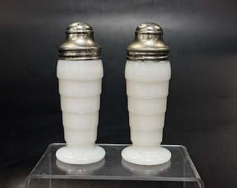 Vintage 30s Hazel Atlas Milk Glass Horizontal Ribbed White Salt & Pepper Shakers