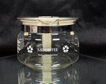 Vintage Mr Coffee 4 Cup Glass Carafe Made in West Germany White Floral Pot Lid