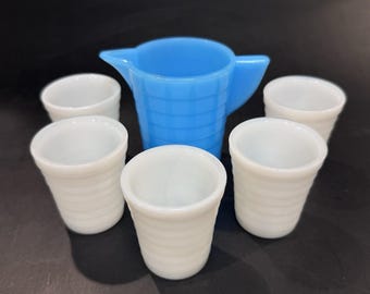 Vintage 30s Child's Glass Toy Dish Set Blue Pitcher & 5 Cups Stacked Rib Relief