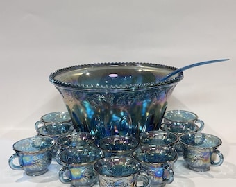 Vintage Indiana Blue Iridescent Carnival Glass Punch Bowl 12 Cups & Ladle Grapes