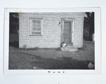 Vintage 1958 B&W Photo African-American Boy on Porch Kodak Velox 3.5x5
