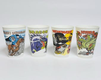 Vintage 70's 7-Eleven Monster Cups Headless Horseman Dragon Werewolf Hydra Lot