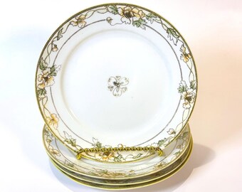 Antique Nippon Morimura Bros Set of 4 Floral & Gold 7.5" Luncheon Plates