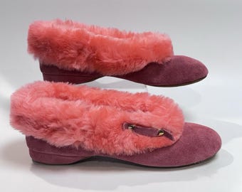 Vintage 70's Suede Fur Lined House Slippers Pink Plush Trim Women's Size 8 Retro