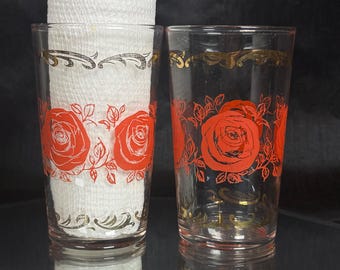 Vintage Federal Glass Red Rose Gold Scroll Tumblers Set of 2 Mid Century Modern