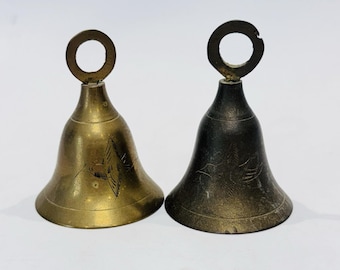 Pair of Vintage Brass Bells w Clappers Made in India Double Sided Bird Etching