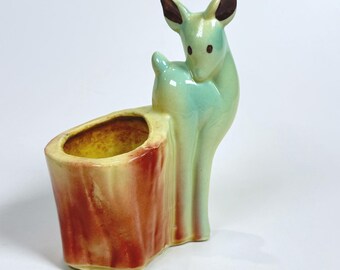Vintage Shawnee Pottery 535 Deer Fawn Tree Stump Ceramic Planter 6"