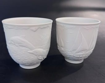 Llardó Collectors Society Nautical Bisque Porcelain Cups Dolphins & Sailboats