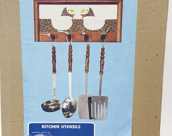 New Vintage House of Lloyd Goose Handing Kitchen Cooking Utensils Rack Set Wood