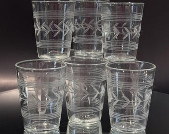 Vintage Anchor Hocking Banded Etched Laurel Leaf 6pc Shot Glass Barware