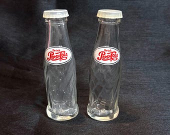 Vintage Pepsi Cola Glass Salt and Pepper Shakers Swirl Bottle Advertising Set