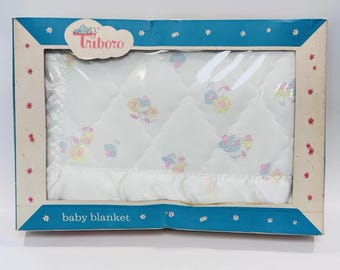 Vintage Triboro Baby Nursery Crib Blanket IOB JCPenny 4'x3' Satin Trim