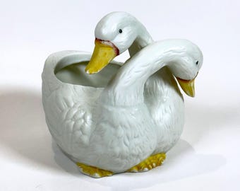 Vintage Double Duck White Cuddle Ducks Geese Figurine Planter Pot