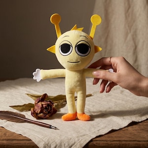 Sprunki Plush Simon OC Stuffed Toy, Cute Yellow Alien Monster Plushie, 21x23cm Soft Mascot Doll, Sprunki Incredibox Fan Art Gift for Kids