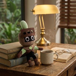 Puede incluir: Un peluche con forma de personaje con casco marrón, detalles verdes y pantalón negro. Está sobre una mesa de madera junto a una taza de café, libros y una lámpara de latón.