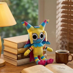 Könnte beinhalten: Ein farbenfrohes Plüschtier mit gelben, blauen, rosa und roten Akzenten sitzt neben einem Bücherstapel und einer Kaffeetasse. Das Spielzeug hat große Augen, ein blaues Gesicht und bunte Hörner. Die Szene spielt auf einer Holzoberfläche.