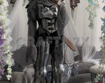 Dunkelelfen-Stahlrüstung/Ritterin-Plattenrüstung/Gothic Fantasy Krieger-Anzug/Kettenpanzer-Rüstungskorsett/Mittelalter LARP Cosplay Outfit