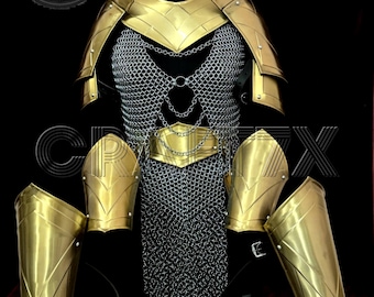 Mittelalterliches Goldstahl-Rüstungs-Set für Damen, Kettenhemd-Kriegerin, LARP-Cosplay-Anzug