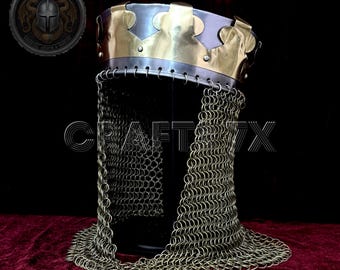 Mittelalterlicher Kronen-Helm mit Kettengeflecht – Stahl Ritter Helm, LARP Kostüm Kopfschmuck