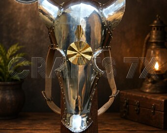 Maschera/armatura a forma di testa di cavallo in acciaio realizzata a mano con supporto in legno – Copricapo medievale vichingo per cavallo, decorazione fantasy, regalo unico per collezionisti