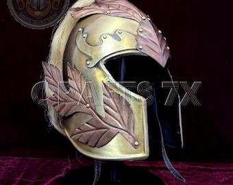 Elven Blatt Helm: Handgefertigte Stahl Rüstung mit Kupfer Akzenten, Federbusch und Aufsteller