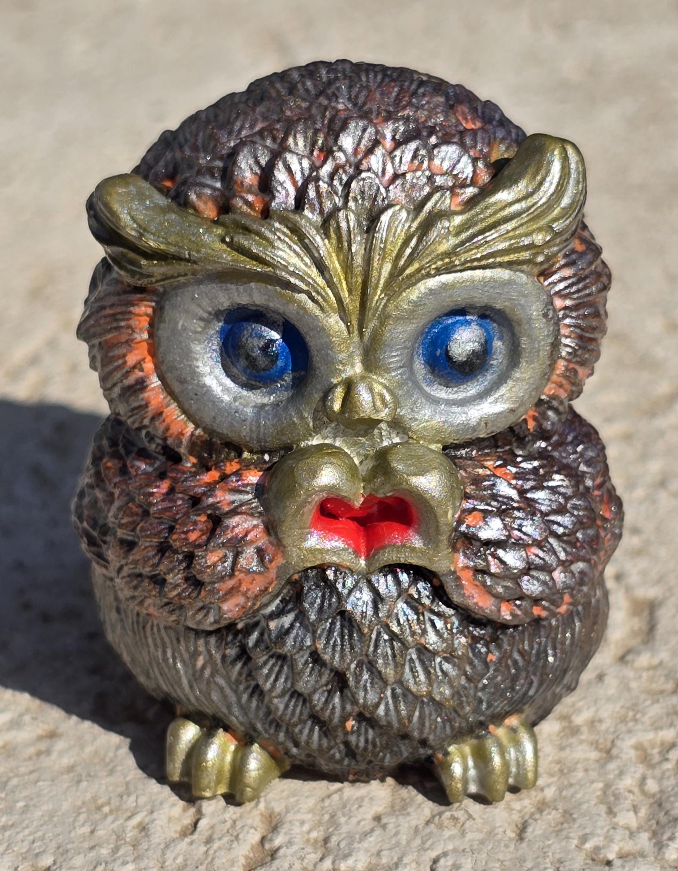 Handmade Plaster Owl Figurine with Red Heart