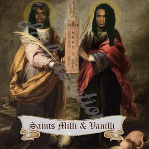 May include: A digital art print featuring two figures with halos, styled in the manner of religious icons. One figure holds a building, the other a feather. The banner below reads "Saints Milli & Vanilli". The artwork has a vintage, painterly style.