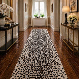 May include: A long hallway with a dark wood floor and a leopard print runner rug. The walls are a light beige with white trim. A chandelier hangs from the ceiling, and there are decorative tables on either side.