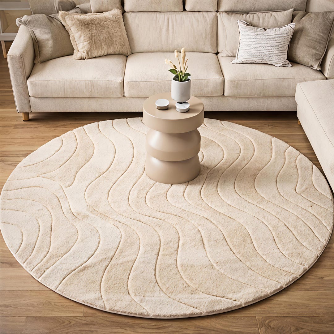 Modern Round Cream Wave Rug for Living Room Decor - Etsy
