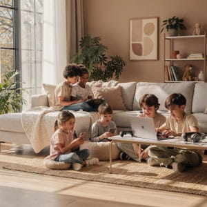 May include: Children are using a laptop and smartphones in a living room. A small table holds the laptop and a game controller. The room has a neutral colour palette with a beige sofa and a woven rug. There are plants and a framed picture.