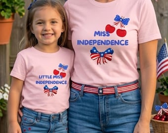 Camiseta Coquette con lazo patriótico, camiseta Miss Independence Cherry, conjuntos a juego para madre e hija para el 4 de julio, camiseta con estética del 250 aniversario de EE. UU.
